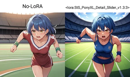 score 9, score 8 up, score 7 up, source anime, 1girl, cowboy shot, track uniform, navel, collarbone, sweatband, (sweat), running, sprinting, track and field, (straight-on, leaning forward), [open mouth], determined, blue hair, yellow eyes, stadium, soft lighting, No-LoRA,