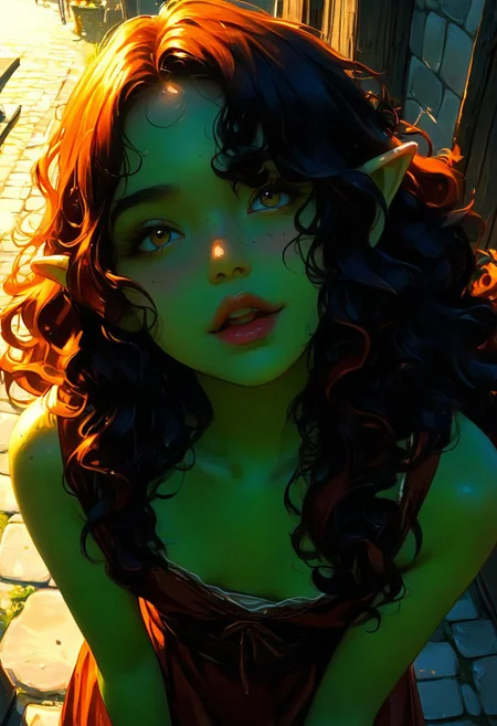 score_9, score_8_up, score_7_up, 1girl, goblin, short, dark green skin, solo female focus, large pointed ears. skinny, wild red hair, long hair, loose curly hair, green skin, freckles, Freckled ass, beautiful yellow eyes, small breasts, brown loin cloth, cloth chest wrap. Pouting lips. Blushing, cute smile, expression. Looking up at viewer. View from above. Winking, blowing kiss, holding up both hands to blow a kiss.
Medieval town street. Bright sunny day