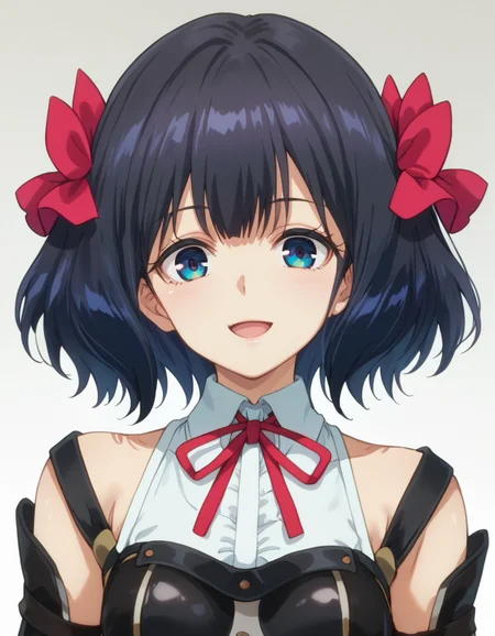 score_9, score_8_up, score_7_up, source_anime, BREAK
1girl, solo, looking at viewer, gradient background, light smile, upper body, open mouth, front view,
tino shade, medium hair, black hair, red hair bow, dark blue eyes,
theif outfit, white collared shirt, neck ribbon, (frills:1.2), sleeveless shirt, detached sleeves, long sleeves, fingerless gloves, armor, corset
<lora:tino_shade_anime_v2-soralz:1>