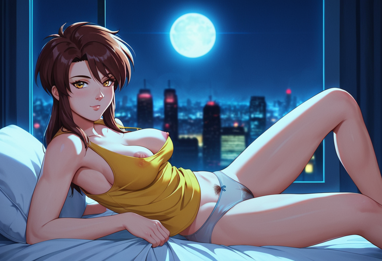 score_9, score_8_up, score_7_up, score_6_up, rating_explicit, contrast of cool dark background with warm bright foreground, full color, night, city light, volumetric moonlight, depth of field
neo-tokyo Aesthetic, modern bedroom Aesthetic, Blurry Background, cyber city view, stary night, full moon, light rays, beautiful natural lighting, glow, light,
<lora:Priss Asagiri _ Bubblegum Crisis Tokyo 2040_epoch_10:1>, Priss, sidelocks, retro artstyle, oversize yellow tank top, open shirt, grey underwear,
{petite body, athletic body, medium breasts, perfect round firm tits, medium round perfect tits, (medium Breasts:0.8), long legs, perfect anatomy, perfect face, perfect nose, detailed eyes, beautiful eyes, perfect eyes, perfect breasts, anatomically correct hands:1.3},
cute, side view, from side,
lying in bed, posing, nipple slip, exposed breast, 1breast out of shirt, see through panties, (pubic hair:1.3), white pillows, white sheets, Tokyo cityscape, city lights, nsfw