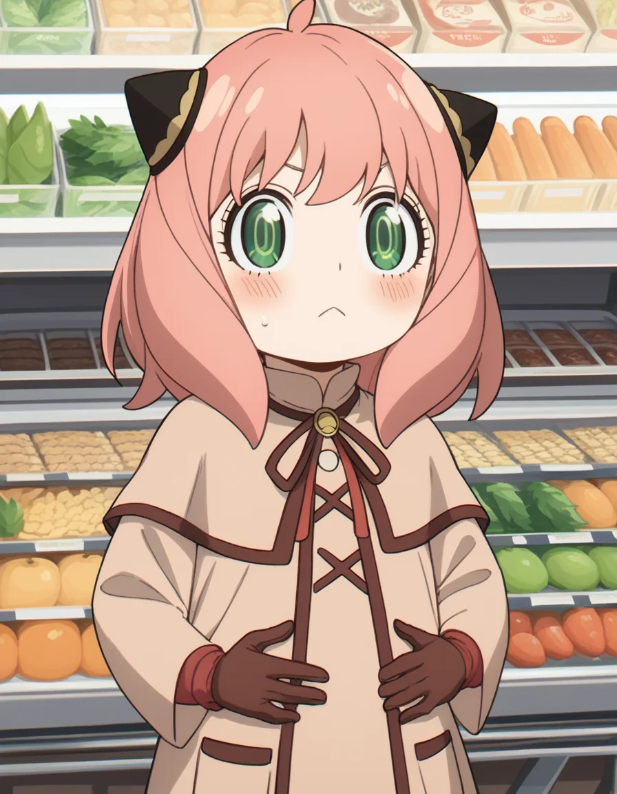 score_9, score_8_up, score_7_up, source_anime, <lora:anya-forger-movie-ponyxl-lora-nochekaiser:1>, anya forger, anya (spy x family), bangs, green eyes, pink hair, ahoge, child, female child, hairpods,, gloves, long sleeves, ribbon, brown gloves, capelet, robe,, grocery store, shopping cart, picking fruits, everyday life, , , looking at viewer, hands on stomach, blush,, solo,, cowboy shot, dutch angle,