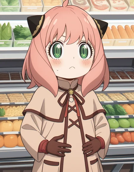 score_9, score_8_up, score_7_up, source_anime, <lora:anya-forger-movie-ponyxl-lora-nochekaiser:1>, anya forger, anya (spy x family), bangs, green eyes, pink hair, ahoge, child, female child, hairpods,, gloves, long sleeves, ribbon, brown gloves, capelet, robe,, grocery store, shopping cart, picking fruits, everyday life, , , looking at viewer, hands on stomach, blush,, solo,, cowboy shot, dutch angle,