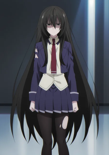 volumetric lighting, official style, amazing quality, ultra detailed, highres, detailed background,anime coloring, (anime screencap) masterpiece, detailed face,1girl <lora:Kirukiru_Amou__:1>Kirukiru_Amou, long hair, pantyhose, black hair, torn clothes, solo, skirt, torn pantyhose, necktie, black pantyhose, dark brown eyes, very long hair, school uniform, shaded face, red necktie, jacket, pleated skirt, blue skirt, shirt, blazer