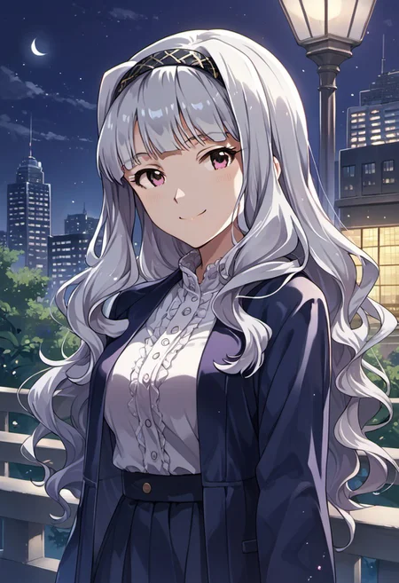score_9, score_8_up, score_7_up, source_anime,shijou takane, long hair, grey hair, purple eyes, 1girl, solo, night, hairband, smile, outdoors, sky, lamppost, night sky, building, city, wavy hair