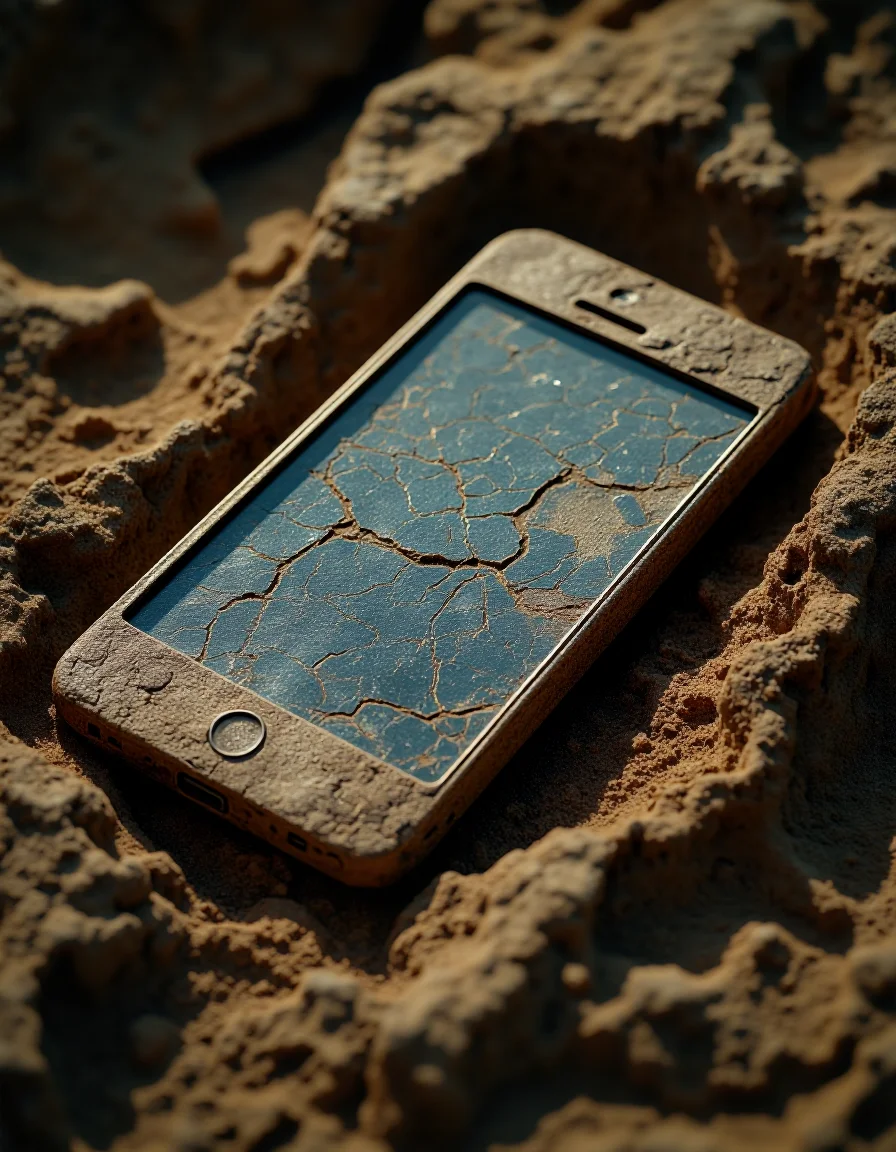 In a dramatic and awe-inspiring scene, a recently unearthed fossilized smartphone lies on a bed of ancient soil, its form perfectly preserved over millennia. The fossil, encased in a block of sedimentary rock, reveals intricate details that resemble the design of a modern smartphone. Its surface is covered in a layer of mineral deposits, evidence of centuries spent buried beneath the earth. The screen, though cracked and weathered, still shows faint traces of an interface, hinting at an advanced civilization that once existed. The discovery raises countless questions about the origins of technology and the history of human development. The scene is set in a dimly lit archaeological site, with scientists and researchers gathered around, their faces illuminated by the soft glow of the fossil. The air is thick with excitement and disbelief, as they marvel at this unprecedented find that bridges the gap between ancient times and modern technology.<lora:kodak_ultramax_400:1> <lora:aidmaMJ6.1_v0.5_3:1> ``