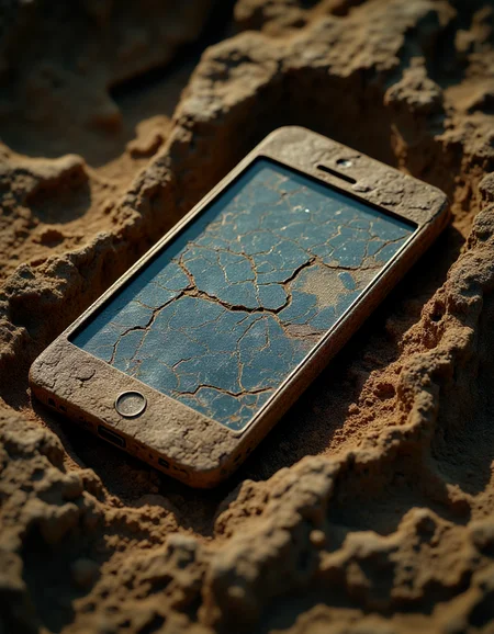 In a dramatic and awe-inspiring scene, a recently unearthed fossilized smartphone lies on a bed of ancient soil, its form perfectly preserved over millennia. The fossil, encased in a block of sedimentary rock, reveals intricate details that resemble the design of a modern smartphone. Its surface is covered in a layer of mineral deposits, evidence of centuries spent buried beneath the earth. The screen, though cracked and weathered, still shows faint traces of an interface, hinting at an advanced civilization that once existed. The discovery raises countless questions about the origins of technology and the history of human development. The scene is set in a dimly lit archaeological site, with scientists and researchers gathered around, their faces illuminated by the soft glow of the fossil. The air is thick with excitement and disbelief, as they marvel at this unprecedented find that bridges the gap between ancient times and modern technology.<lora:kodak_ultramax_400:1> <lora:aidmaMJ6.1_v0.5_3:1> ``