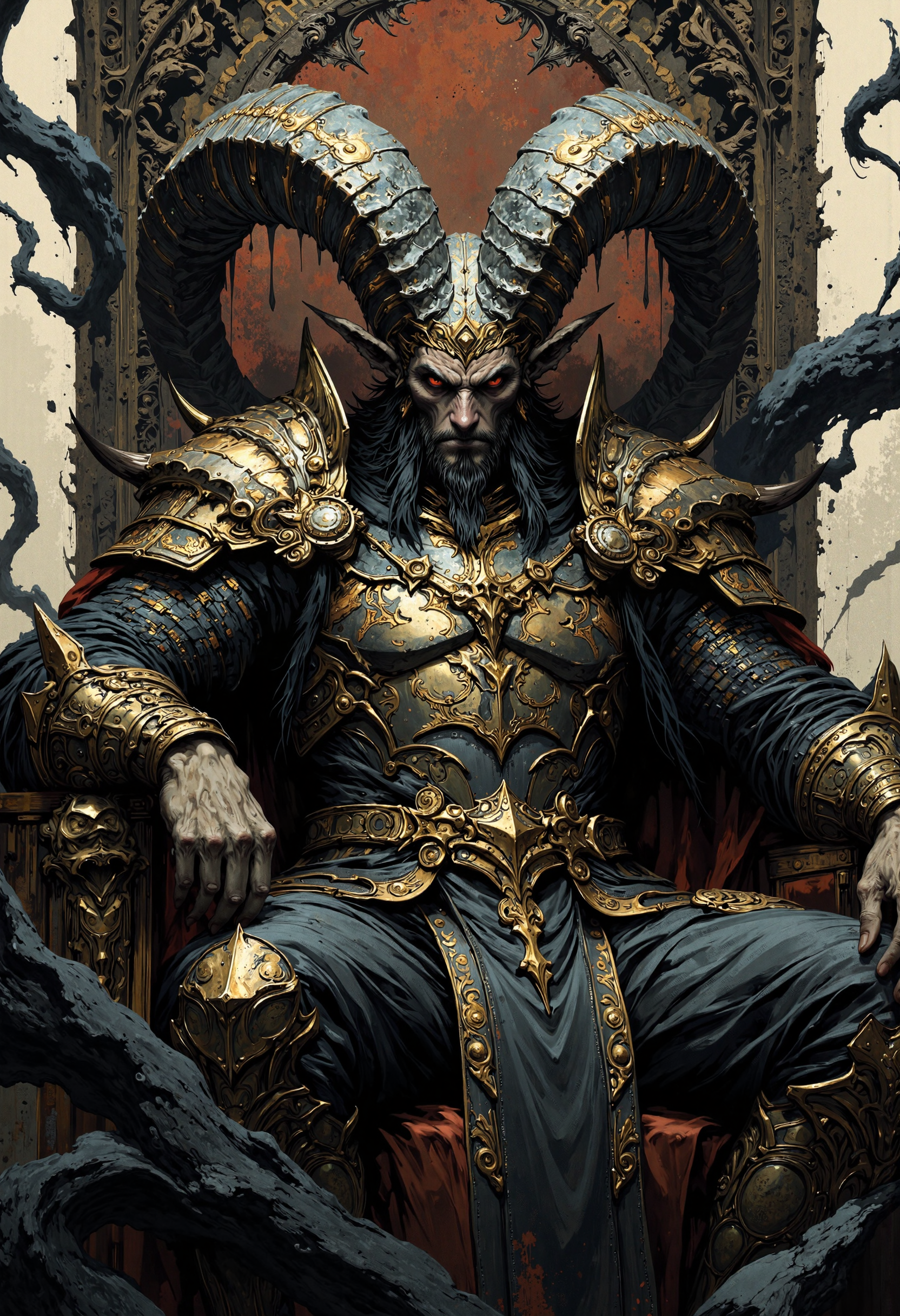 masterpiece, high-quality, A proud, horned figure dressed in elaborate black-and-gold armor, gazing down from a throne hewn out of twisting obsidian spires. Behind him, fragmented realities swirl, reflecting infinite versions of his dark kingdom. The flicker of collapsing timelines casts violent, dancing shadows across his fierce, regal face. hyperdetailed, refined details, heavy chiaroscuro, best quality, high resolution, <lora:FLUX\Anime v1.3:0.5> <lora:FLUX\Emberveil digital painting:0.8>