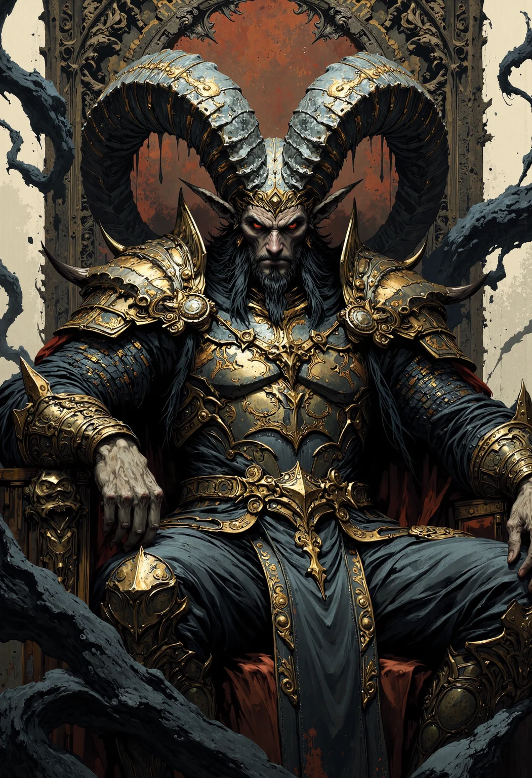 masterpiece, high-quality, A proud, horned figure dressed in elaborate black-and-gold armor, gazing down from a throne hewn out of twisting obsidian spires. Behind him, fragmented realities swirl, reflecting infinite versions of his dark kingdom. The flicker of collapsing timelines casts violent, dancing shadows across his fierce, regal face. hyperdetailed, refined details, heavy chiaroscuro, best quality, high resolution, <lora:FLUX\Anime v1.3:0.5> <lora:FLUX\Emberveil digital painting:0.8>