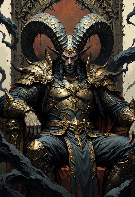 masterpiece, high-quality, A proud, horned figure dressed in elaborate black-and-gold armor, gazing down from a throne hewn out of twisting obsidian spires. Behind him, fragmented realities swirl, reflecting infinite versions of his dark kingdom. The flicker of collapsing timelines casts violent, dancing shadows across his fierce, regal face. hyperdetailed, refined details, heavy chiaroscuro, best quality, high resolution, <lora:FLUX\Anime v1.3:0.5> <lora:FLUX\Emberveil digital painting:0.8>