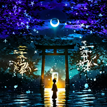 <lora:star_xl_v2:1>,
a person standing in front of a lantern in the dark with a crescent on it and a full moon in the sky, 1girl, solo, standing, japanese clothes, sky, water, tree, night, moon, bug, scenery, silhouette, torii, crescent moon, star \(sky\), nature, starry sky, The image portrays a serene and mystical night scene. In the foreground, there's a silhouette of a person standing in front of a large, ornate torii gate. The gate is illuminated from the inside, casting a warm, golden glow. The person is dressed in traditional attire, possibly a kimono, and is facing away from the viewer, looking towards the horizon. The background is filled with a mesmerizing blend of colors, predominantly blues and purples, representing the night sky. There are numerous stars scattered throughout, and a crescent moon is visible in the center. The water below reflects the colors of the sky, adding to the tranquility of the scene. On the right side, there's a silhouette of a butterfly, adding a touch of life and movement to the otherwise still image., serene, mystical, night scene, torii gate, golden glow, traditional attire, stars, butterfly