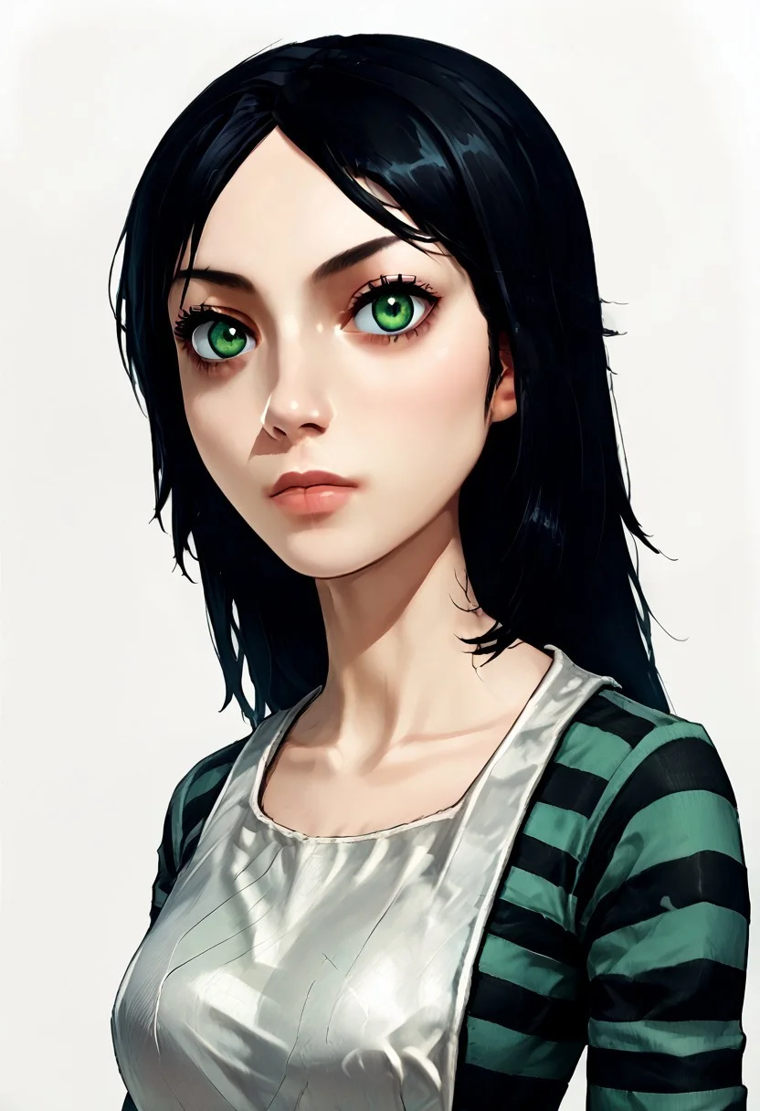 SCORE_9, SOURCE_ANIME, 1GIRL, ALICE LIDDELL, BLACK HAIR, GREEN EYES, APRON, STRIPED SHIRT, PORTRAIT, WHITE BACKGROUND,