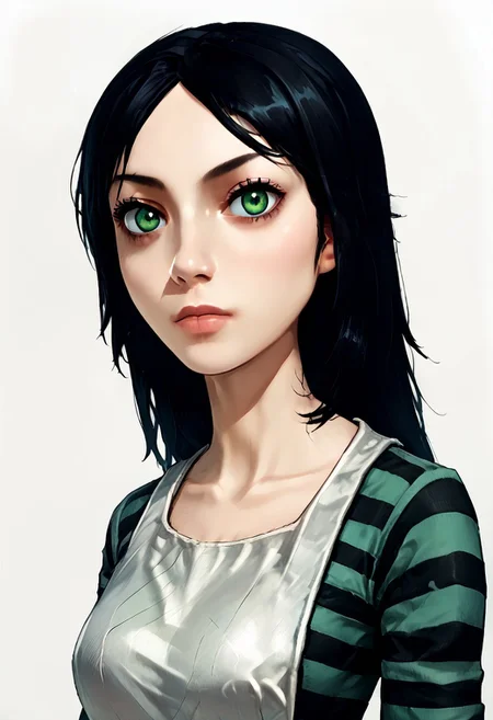 SCORE_9, SOURCE_ANIME, 1GIRL, ALICE LIDDELL, BLACK HAIR, GREEN EYES, APRON, STRIPED SHIRT, PORTRAIT, WHITE BACKGROUND,