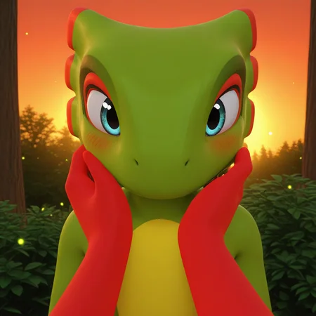 high resolution, best quality, 4k, 3d, 3d render, backlighting, blush, happy, male, face focus, ((human pov, viewer caressing cheek)), looking at viewer, sunset, fireflies, ambient firefly, forest background, <lora:Yooka_-_Yooka-Laylee_-_IL:1> y00k4, scalie, chameleon, ear frills, multicolored body, green skin, orange highlights, blue eyes