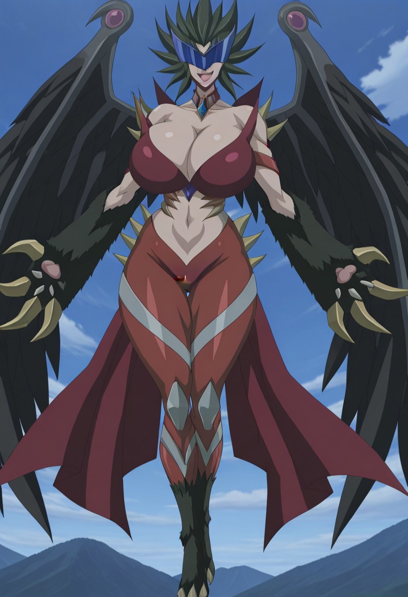 anime screencap, anime coloring, full body, anime-style, detailed shading, detailed face, light blue sky, eyeless, 1girl, solo, EvilHEROInfernoWing, blue visor, black wings, red and black armor, monstrous clawed hands, smile, happy, open mouth, naughty face, horny, arms stretch, gigantic breasts, heavy breasts, hyper breasts, navel, wide hips, massive hips, massive ass, thick thighs, wide thighs