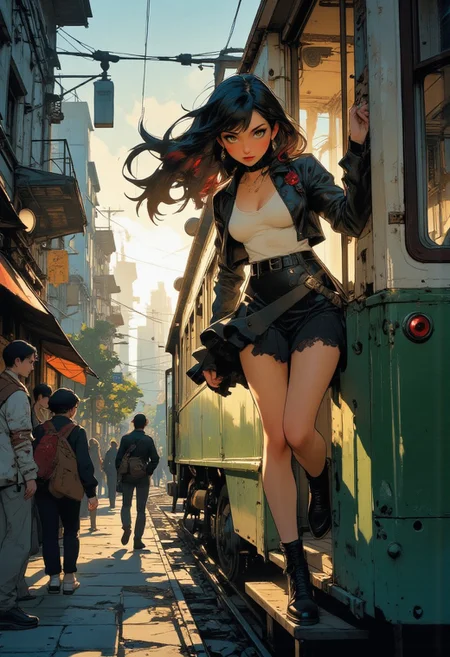 Anime art. Scene of a girl hanging on to the outside of a moving train. Pretty 20 year old Asian girl with long black hair with red highlights. She has a slender physique and thin waist with long toned legs. She is wearing a short ruffled black lace skirt, black leather jacket, and tight white tank top. She is hanging on to the outside of the train with one hand. ((She is standing on the train entrance.)) She is leaning toward the street below, while holding on to train door. She is excited, inspired, and happy. Her hair and skirt are blowing in the wind. Pedestrians watch her with curiosity and concern. It is morning in the city and the sun is rising over the top of buildings in the background. The modern city is clean and vibrant, contrasting with the old streetcar. The mood is excited and dangerous. The view is slightly from below. Perfect hand. VibrantlyDark style. Highest quality, best quality, masterpiece.