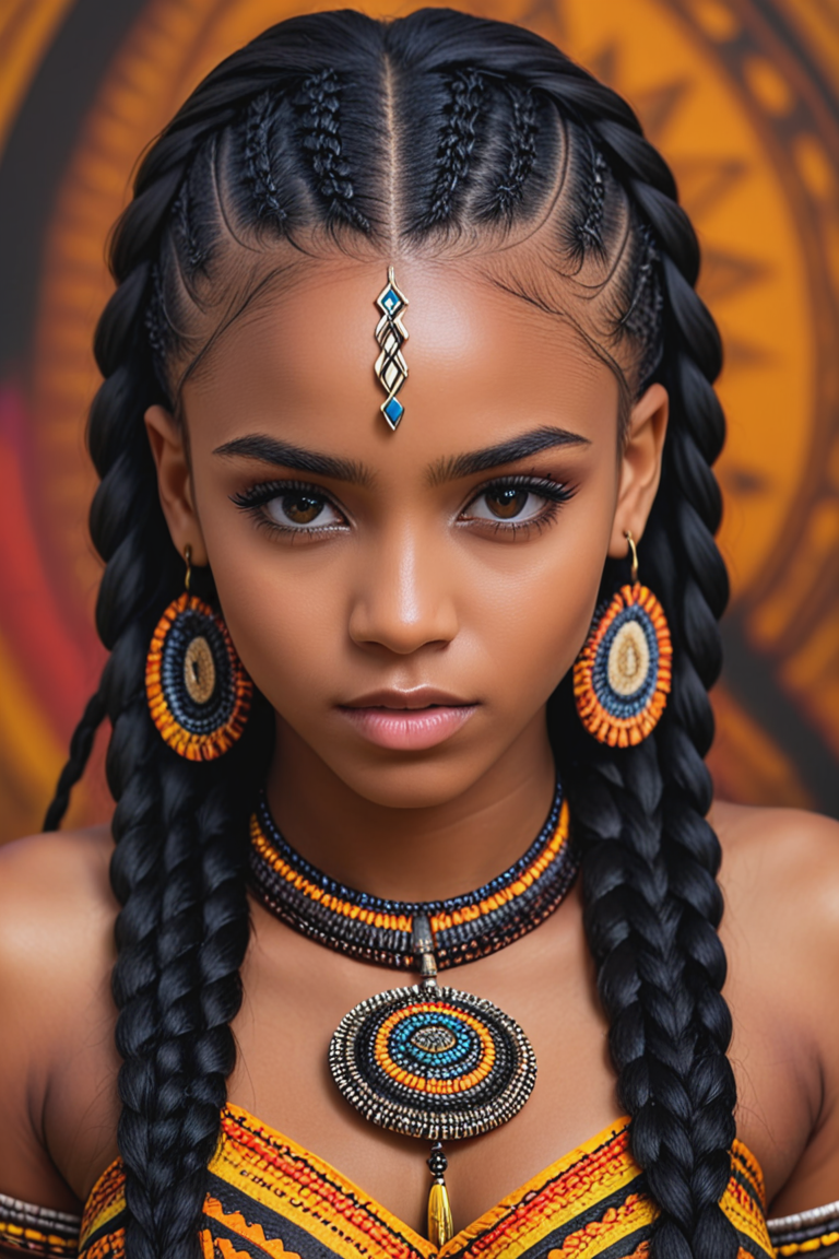 portrait,mesmerizing tribal girl,messy hair black,tantalizing eyes,realistic skin texture,jewelry,HD,(hyperdetailed long african multi braided dark hair),intricate cornrows,<lora:add-detail-xl:0.8>,electrifying,vivid colors,intricate background,<lora:helios666:0.3>,<lora:Braided_Sides_V6:0.4>,