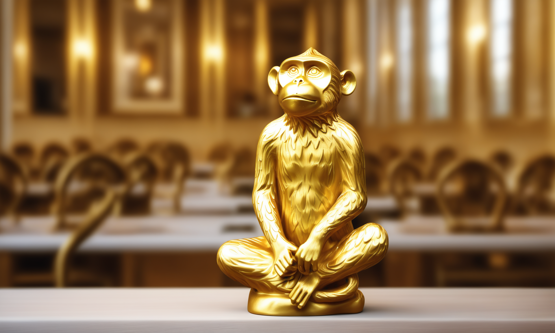 <lora:goldcarvingcd_xl-000006:0.8>,a statue of a monkey made of golden in office scene,goldcarvingcd_xl,gold carving,indoors,chinese zodiac,wooden table,cutie,cute,still life,animal statue,front view,facing viewer,looking at viewer,(Unbelievable Digital Artwork:1.3),fine art,CGSociety,ArtStation,master works, emotional, harmonious, high budget, moody, epic, gorgeous, perfect lighting, realistic, photorealistic, photographic, photo (medium),real, moody lighting, volumetric lighting, reality ray tracing, 8K, HDR, UHD, masterpiece, best quality, highly detailed, high resolution, finely detail, extremely detailed, ultra detailed, wallpaper