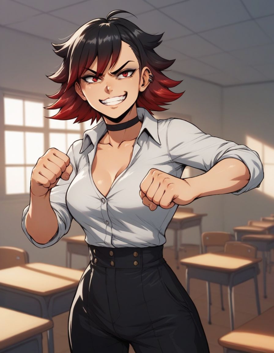 score_9,score_8_up,score_7_up, BREAK  (by bwl) , 1girl,  smug,  medium breasts, assertive female, delinquent,  piercing,  gradient hair,  black hair,  red hair,  short hair, red eyes,  hair flaps, black choker,  in a classroom, tables, chairs,   solo , clenched hands fighting stance, standing,
