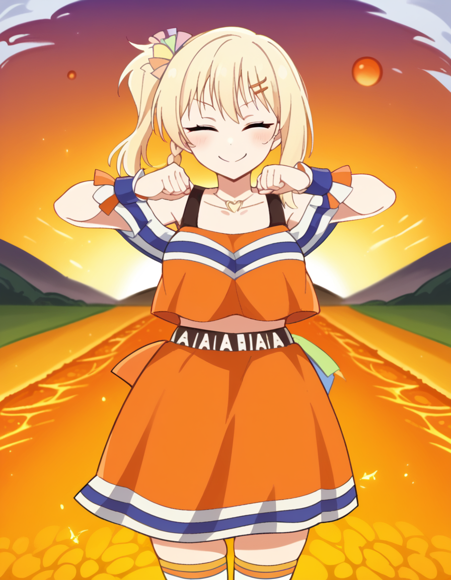 score_9, score_8_up, score_7_up, source_anime, <lora:ai-miyashita-saikou-heart-mv-ponyxl-lora-nochekaiser_r1:1>, ai miyashita, bangs, blonde hair, hair ornament, orange eyes, braid, sidelocks, medium hair, side ponytail, orange eyes, french braid,, skirt, thighhighs, jewelry, collarbone, necklace, off shoulder, tank top, wristband, cheerleader, pom pom (cheerleading), orange skirt, gyaru, heart necklace, volcano, lava, rock, fire, smoke, , <lora:shikairo-days-dance-ponyxl-lora-nochekaiser:1>, shikairo days dance, shikairo days dance (meme), dancing, meme, closed eyes, clenched hands, glowsticks, blush, smile,, looking at viewer, solo,, dutch angle, cowboy shot