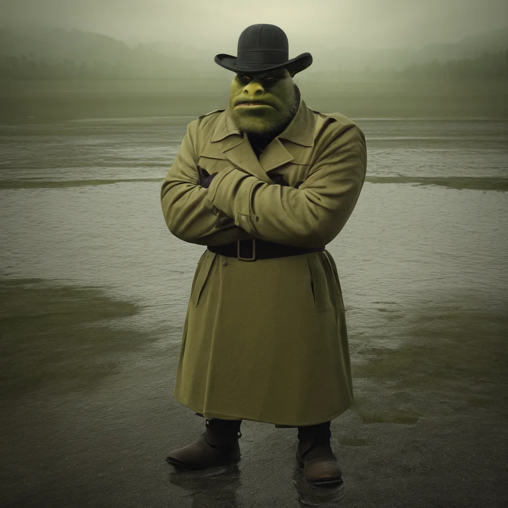 sfw, masterpiece, best quality,absurderes,source_photo,cinematic,realistic,photo,full body,1man,solo,shrek,trench coat,shrek \(series\),bowler hat,swamp,outdoors,puddle,crossed arms,scowl, <lora:Reallustrious_Beta:0.8>