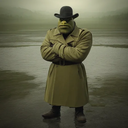 sfw, masterpiece, best quality,absurderes,source_photo,cinematic,realistic,photo,full body,1man,solo,shrek,trench coat,shrek \(series\),bowler hat,swamp,outdoors,puddle,crossed arms,scowl, <lora:Reallustrious_Beta:0.8>