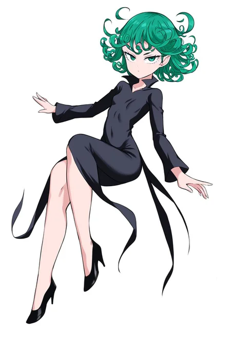 tatsumaki, one-punch man, 1girl, black dress, closed mouth, curly hair, dress, floating, full body, green eyes, green hair, high heels, long hair, long sleeves, looking at viewer, simple background, solo, white background