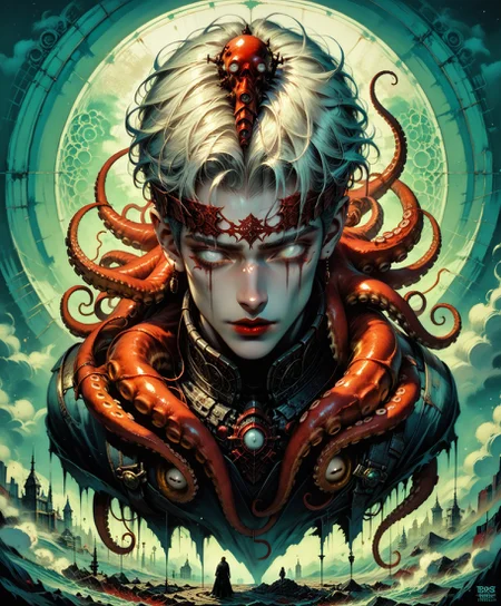 (score_9, score_8_up, score_7_up, fantasy portrait, 1boy, male focus, mist, dutch angle, correct anatomy, above angle, pale skin, white hair, full-length, hidden eyes, his eyes in shadow, glowing eyes, white eyes, chaotic, ethereal setting, fantasy background, red lips, <lora:octopus_v0.2-pony:0.8> octopus, <lora:GRIM_v1:0.5> limited palette, <lora:Dorohedoro_Style:0.3> drhdr_style, <lora:add-detail-xl:0.8> all, Lovecraft, masterpiece, best quality, absurdres, newest, perfect quality, detailed background, intricate details,