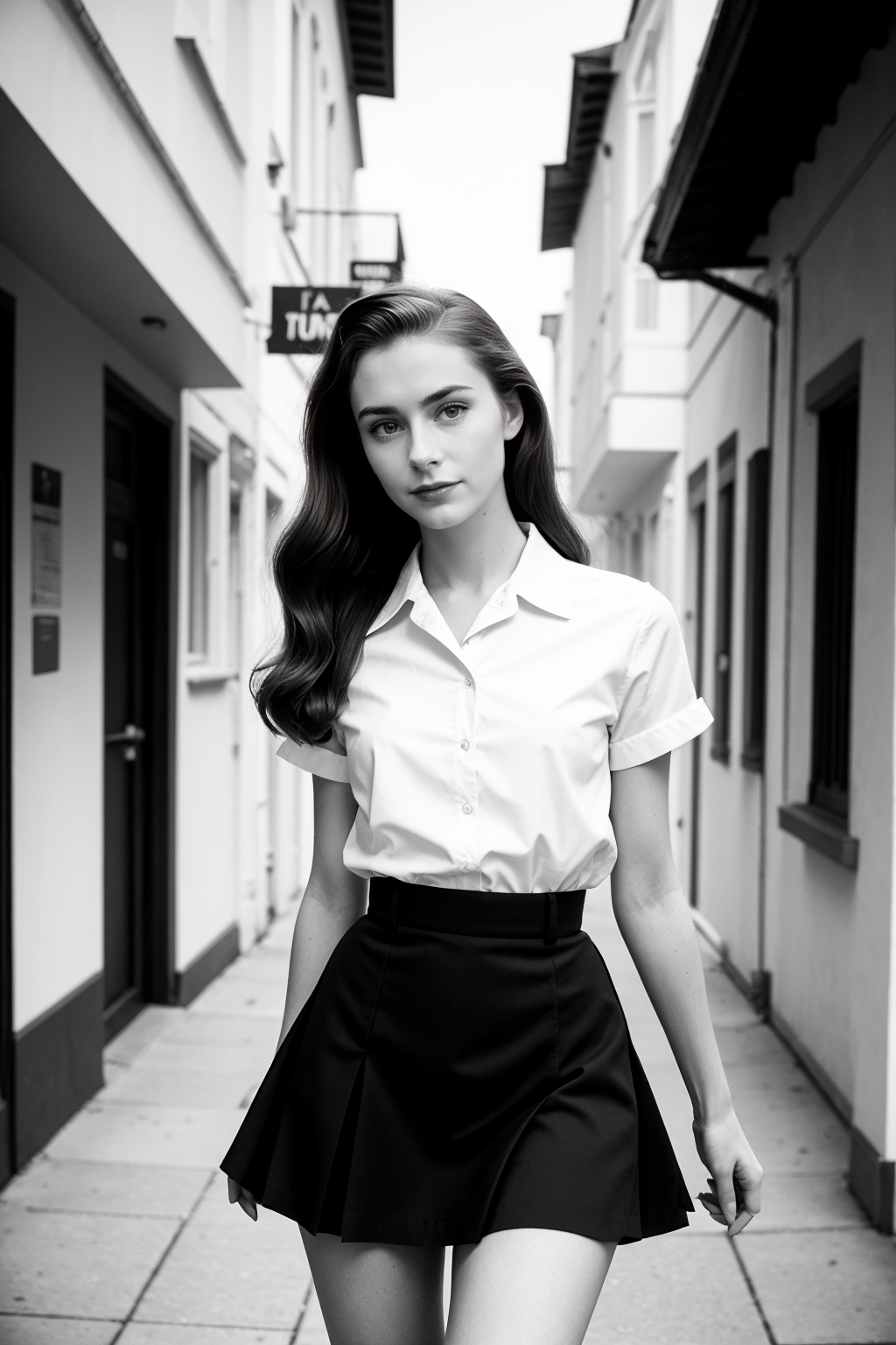 1950s America \(style\) photo of cute thin 21 year old jp-Irena, Brunette hair in ponytail, innocent gaze, short pleated skirt, white blouse, knee high socks, Suburban American street, Nikon S2 with 50mm f/1.4, 1/60s, ISO 100, Kodak Tri-X