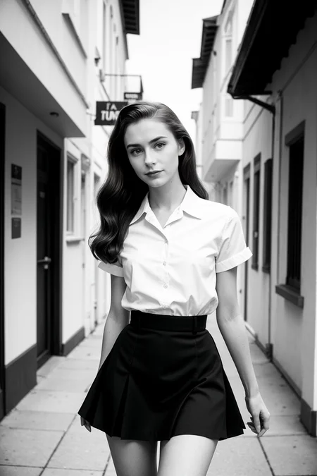 1950s America \(style\) photo of cute thin 21 year old jp-Irena, Brunette hair in ponytail, innocent gaze, short pleated skirt, white blouse, knee high socks, Suburban American street, Nikon S2 with 50mm f/1.4, 1/60s, ISO 100, Kodak Tri-X