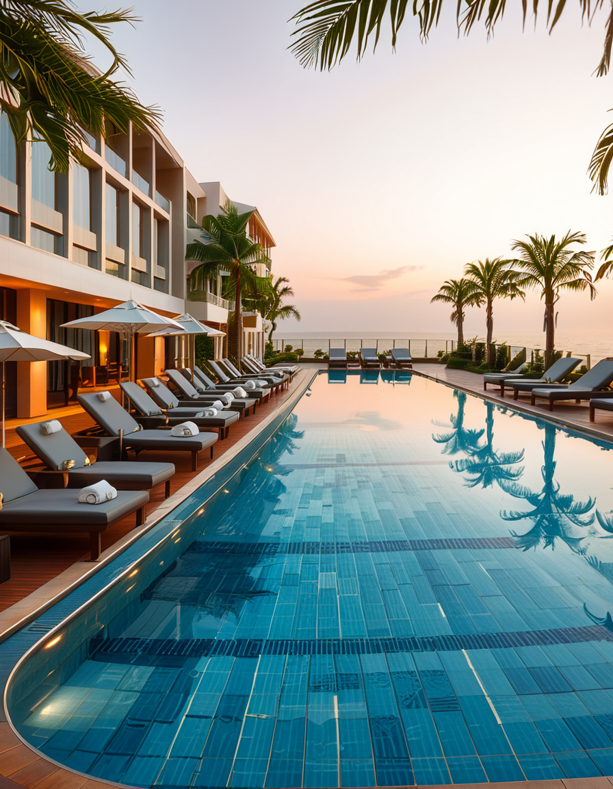 A luxurious hotel swimming pool at sunset, surrounded by elegant lounge chairs and palm trees. The crystal-clear water reflects the warm hues of the sky, creating a serene and inviting atmosphere. The pool has an infinity edge overlooking a breathtaking ocean view, with soft ambient lighting enhancing the tranquil mood. The surrounding area is immaculately maintained, with neatly arranged sunbeds, stylish umbrellas, and a sleek modern poolside bar in the background. The scene is captured in ultra-high resolution, with photorealistic details emphasizing the shimmering water, the textures of the pool tiles, and the gentle movement of palm leaves in the evening breeze.
<lora:SDXLFaeTastic2400:0.4> <lora:extremely_detailed:0.4> extremely detailed, <lora:hotel_sw1mm1ng_p00l:1>,hotel sw1mm1ng p00l, Masterpiece,best quality,hi res,8k,hi res,8k,award winning,(sharp focus, intricate, highly detailed),