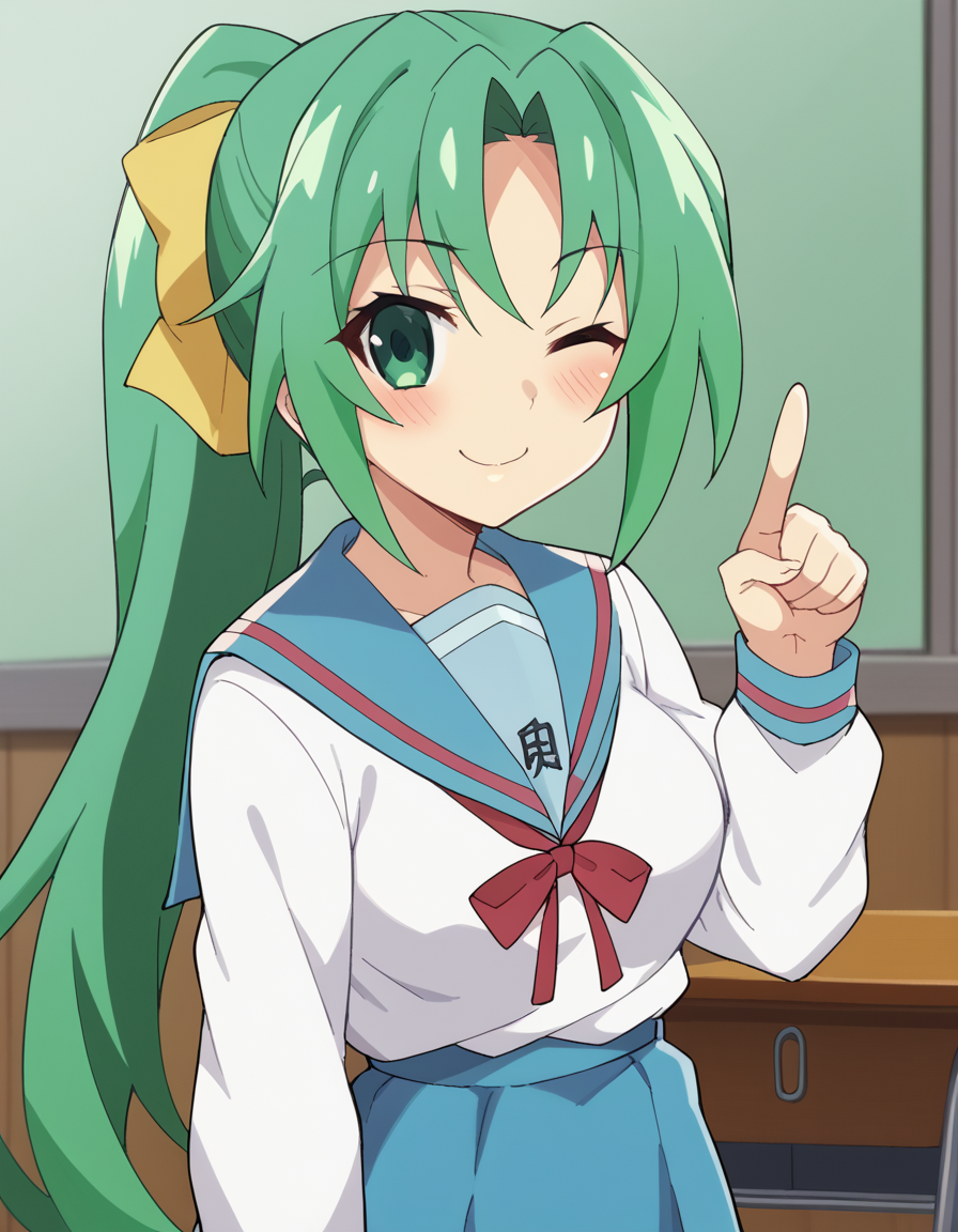 score_9, score_8_up, score_7_up, source_anime, <lora:mion-sonozaki-s4-ponyxl-lora-nochekaiser:1>, mion sonozaki, long hair, green eyes, ponytail, green hair, large breasts,, <lora:haruhi-suzumiya-cosplay-ponyxl-lora-nochekaiser:1>, haruhisuzumiyacosplay, suzumiya haruhi (cosplay), skirt, long sleeves, school uniform, serafuku, sailor collar, blue skirt, blue sailor collar, winter uniform, kita high school uniform,, classroom, one eye closed, pointing at viewer, smile, blush, , dutch angle, cowboy shot