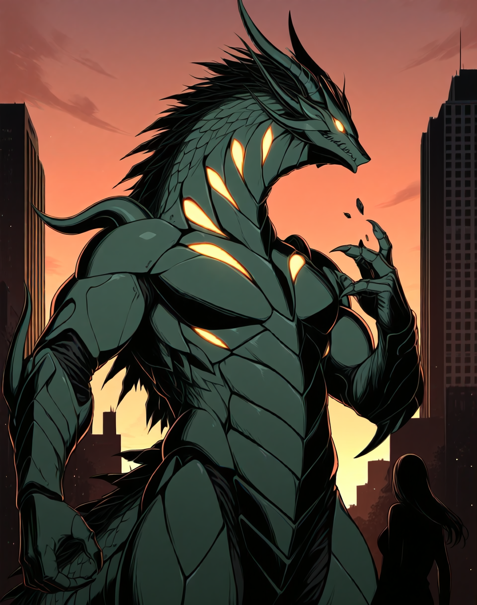 score_9, score_8_up, score_7_up,
8K, In'ei, chiaroscuro, cinematic side lighting, perfect depth of field shot, masterpiece, beautiful, sharp focus, crisp details,
<lora:Draglord_(Guyver)_(Illustrious)_(AD):1> Draglord, Guyver, dragon, 
exterior, science fiction, sky with anime clouds, summer, hot day, city skyline, 
dynamic action, bent leg, cowboy shot, 
green body, green skin, titanic, gigantic, kaiju, glowing eyes, dragon tail, bioboosted armored body, biomechanical, 
BREAK Smooth Quality, IllusP0s, lazyhand, lazympos, lazynsfw,