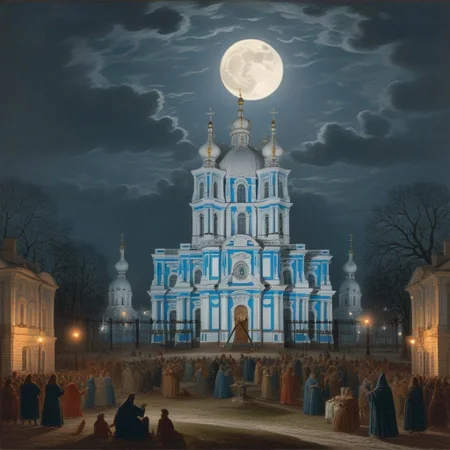 Witches' Sabbath under the full moon, with Smolny Cathedral in the background, medieval illustration