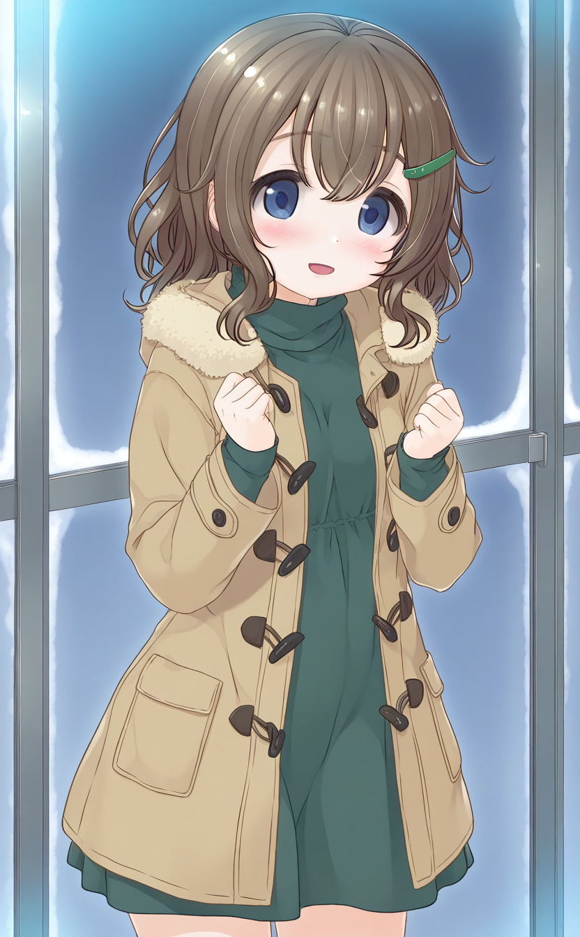 general,highres, ultra-detailed,very aesthetic,best quality ,best hands,  BREAK <lora:Fukami_Nonoka_IS:1> FukamiNonoka, 1girl,solo, bangs, medium hair, brown hair, hairclip, blue eyes, smile, open mouth,
FukamiNonoka, solo, blush, dress, looking at viewer, long sleeves, parted lips, hair between eyes, green dress, cowboy shot, clenched hands, turtleneck, 
blush, coat, looking at viewer, skirt, long sleeves, fur trim, winter clothes