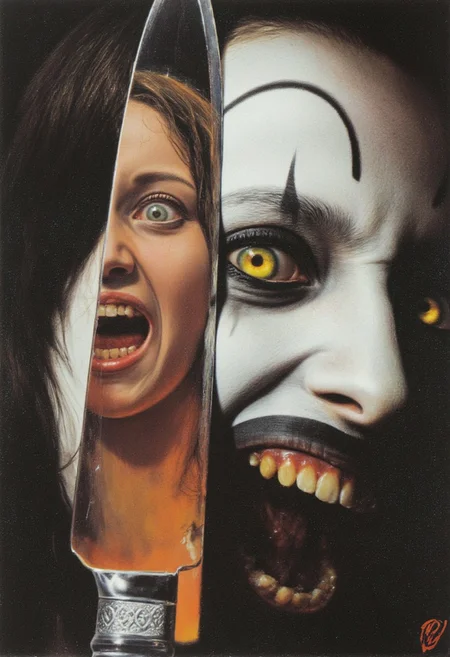 frank frazetta fantasy  oil painting of closeup on face and mouth of A terrifying creepy 21 year old female clown character with white face paint and extremely pale skin, exaggerated black lines for eyebrows and eyes, demonic glowing yellow eyes, and a sinister wide smile with dark, decayed teeth. Holding up a sharp bloody knife straight up in front of her left eye, the reflection in the knife shows the reflection of a very scared terrified young woman screaming and crying