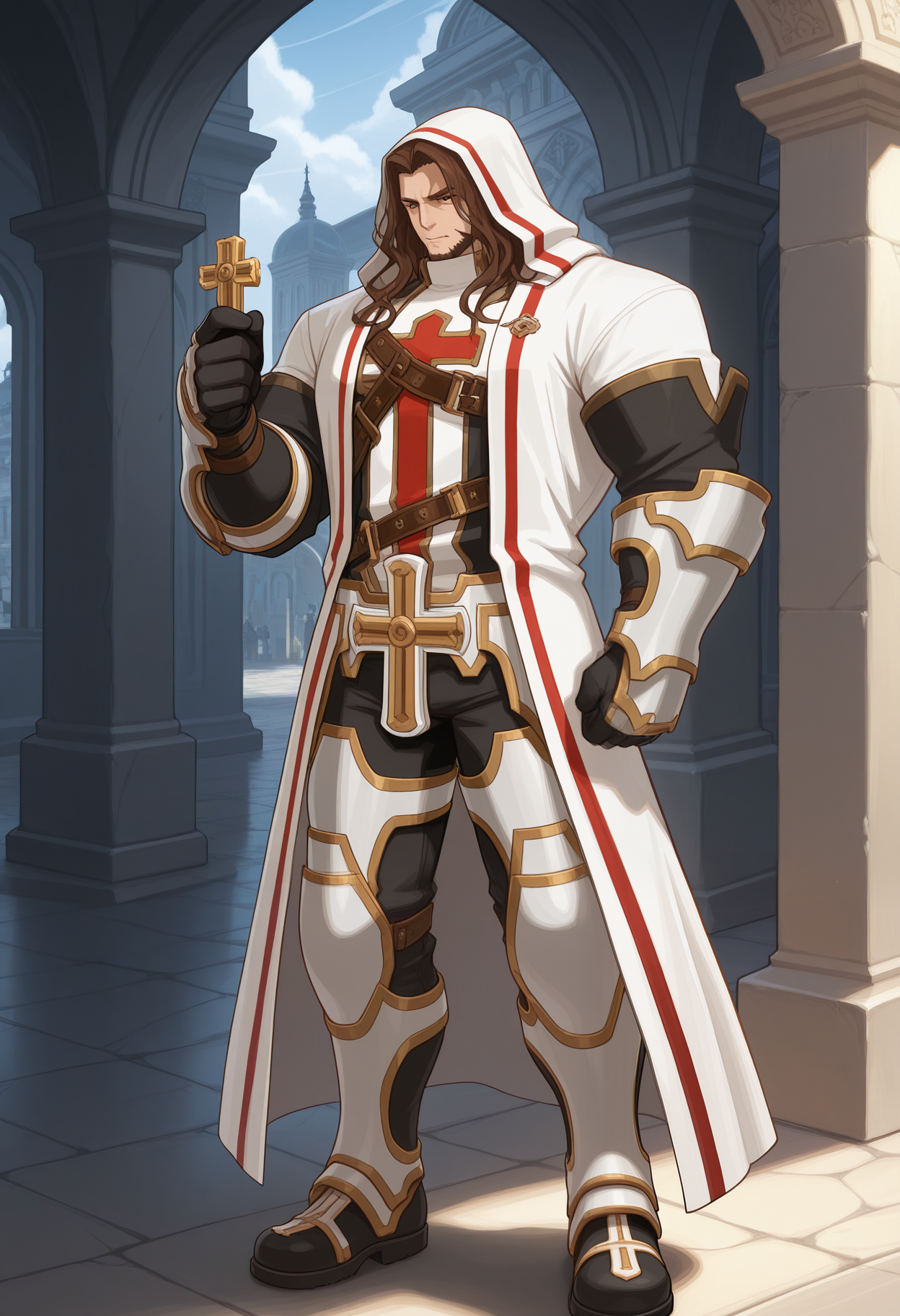 masterpiece,best quality,amazing quality, 1boy, solo, cru4d3rM, mature male, long brown hair, brown eyes, brown beard, hooded robe, priest suit, cross crotch guard, faulds, leg armor, priest shoes, black gloves, gauntlets, leather chest harness, greaves, full body, holding cross necklace, outdoors,