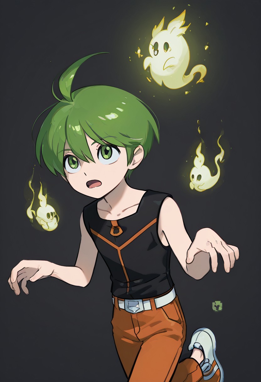 1 boy, aaron, green eyes, green hair, ahoge, black sleeveless shirt, orange pants, white with orange shoes, belt<lora:EMS-380018-EMS:1.000000><lora:ghost-pose-ponyxl-lora-nochekaiser:1>, ghost pose, ghost,open mouth, looking up,cowboy shot