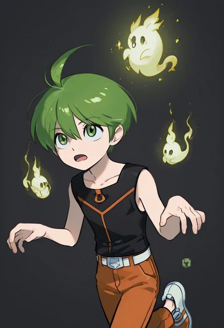 1 boy, aaron, green eyes, green hair, ahoge, black sleeveless shirt, orange pants, white with orange shoes, belt<lora:EMS-380018-EMS:1.000000><lora:ghost-pose-ponyxl-lora-nochekaiser:1>, ghost pose, ghost,open mouth, looking up,cowboy shot