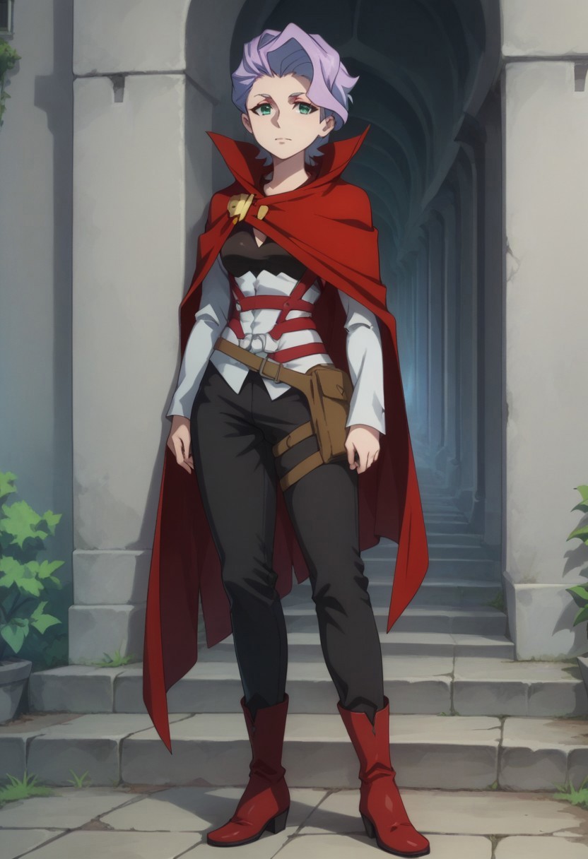 safe_pos, score_9, score_8_up, score_7_up, source_anime, highly detailed, 

meridies, 1girl, solo, purple hair, short hair, green eyes, shirt, white shirt, detached sleeves, breasts, cape, red cape, belt, pants, black pants, pouch, boots, red footwear, standing, 

outdoor, 