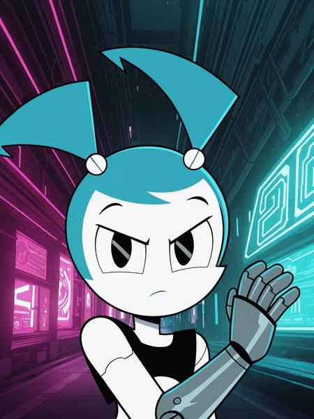 <lora:XJ-9IL:0.7> x_j_9, 1girl, robot, white skin, blue hair, twin tails hair, black eyes, no nose,
looking at viewer, cyberpunk, augmentations, prosthetic, metal arm, GLOWING CYBERNETIC EYE,difficult background, at night, dynamic pose, upper body