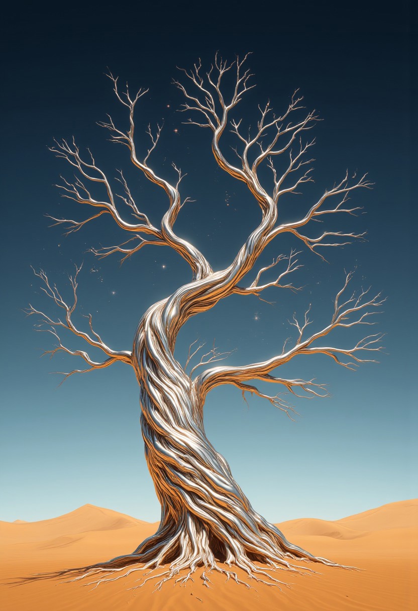 Improved cinematic photo, 35mm photograph, film, professional, 4k, highly detailed, aidmaMJ6.1,
A towering tree made of flowing liquid metal in the middle of a barren desert,
The tree’s trunk twists and bends like molten silver, reflecting its surroundings in shimmering, distorted patterns. Its branches stretch upward and outward, glistening in the harsh sunlight, with droplets of liquid metal occasionally dripping from the tips and vanishing before hitting the sand.
The desert around the tree is an endless expanse of golden dunes, with rippling shadows cast by the metallic branches. The sky is a stark gradient, transitioning from deep azure to blinding white near the horizon. Tiny sparks of light dance around the tree, as if it’s radiating energy, and a faint, almost magical hum seems to emanate from its core.
The scene is both surreal and serene, blending the organic structure of the tree with the cold, industrial texture of liquid metal, creating a striking juxtaposition that captivates the viewer.