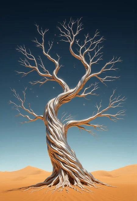 Improved cinematic photo, 35mm photograph, film, professional, 4k, highly detailed, aidmaMJ6.1,
A towering tree made of flowing liquid metal in the middle of a barren desert,
The tree’s trunk twists and bends like molten silver, reflecting its surroundings in shimmering, distorted patterns. Its branches stretch upward and outward, glistening in the harsh sunlight, with droplets of liquid metal occasionally dripping from the tips and vanishing before hitting the sand.
The desert around the tree is an endless expanse of golden dunes, with rippling shadows cast by the metallic branches. The sky is a stark gradient, transitioning from deep azure to blinding white near the horizon. Tiny sparks of light dance around the tree, as if it’s radiating energy, and a faint, almost magical hum seems to emanate from its core.
The scene is both surreal and serene, blending the organic structure of the tree with the cold, industrial texture of liquid metal, creating a striking juxtaposition that captivates the viewer.