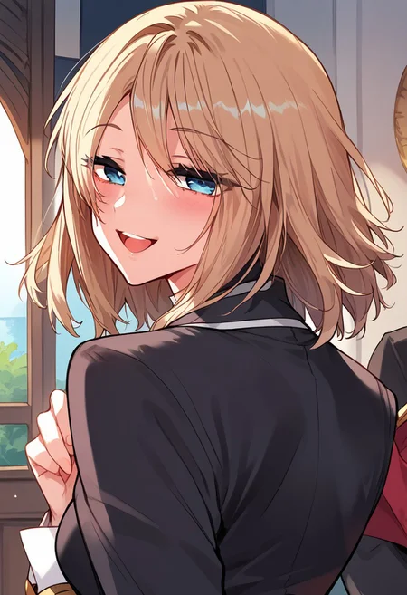 zPDXL3, score_9_up, score_8_up, score_7_up, (Anime_source), 1girl, Olivia, blue eyes, light brown hair, medium hair, black Academic clothes, looking back, looking at viewer, upper body, smile, little blush, open mouth, half closed eyes
