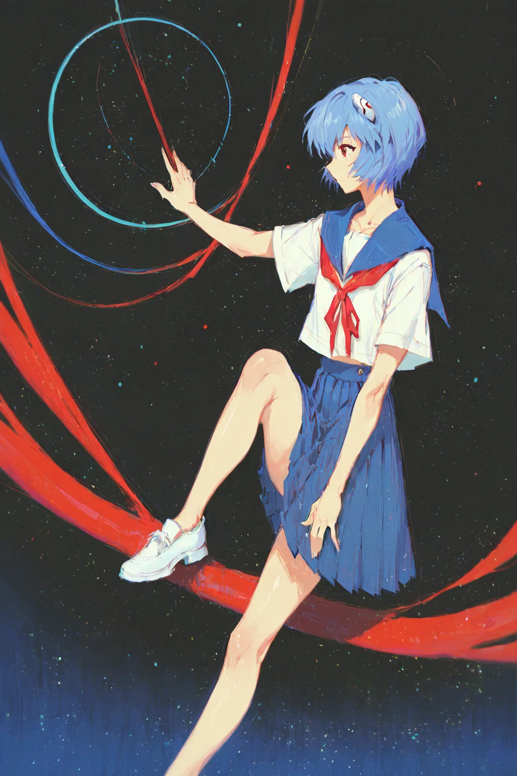 score_9, score_8_up, score_7_up, neon genesis evangelion, ayanami rei, blue hair, collarbone, red eyes, ribbon, school uniform, serafuku, short hair, solo, solo focus, cowboy shot, dark background, Balancing on one leg with the other raised to the side, <lora:ahad:1>