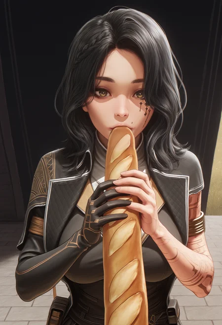 masterpiece, best quality, amazing quality, 1girl, <lora:lune_illustrious_byJaneB:1>, lun3e33,
facial tattoo, arm tattoo, single glove, eating baguette, coat, armlet, pov, large breasts