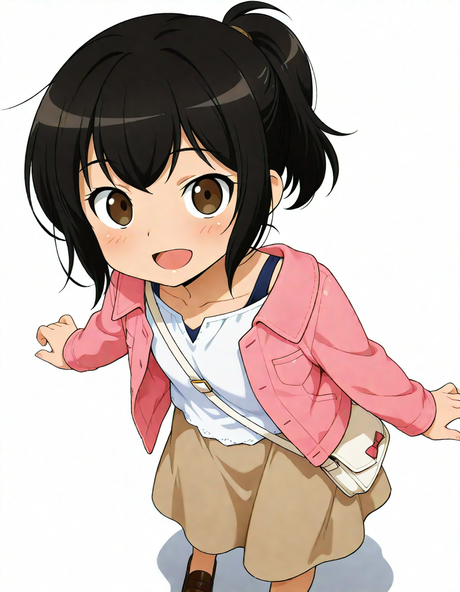 masterpiece,best quality,absurdres,official art,official style,source_anime,anime screencap,anime coloring,
<lora:Hyper-SDXL-8steps-lora:1>,
<lora:emichang_IL:0.8>,emichang, 1girl, solo, blush, black hair, dark brown eyes, ponytail, pink jacket ,brown skirt, white shirt, untucked,long sleeves,white shoulder bag, brown loafers,no socks,long skirt, looking at viewer, dutch angle, smile,open mouth,
simple background, (white background:1.2), from above,