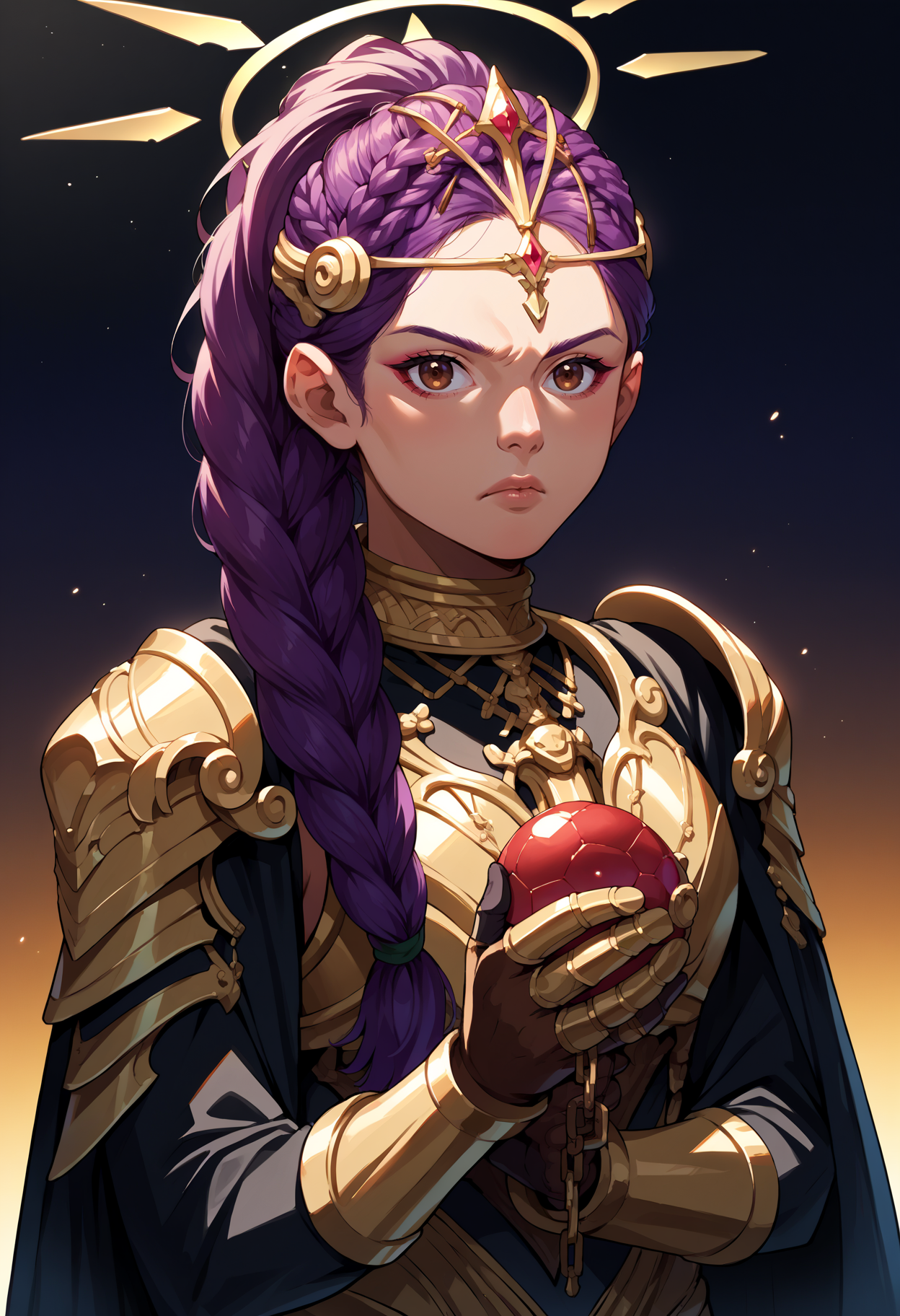 score_9, score_8_up,score_7_up, source_anime, rating_safe, 1girl, solo, <lora:EPfePetra:1>, 
EPfePtr, brown eyes, long hair, purple hair, single braid, braided ponytail,
armor, gold armor, black clothes, ornate, detailed, intricate, halo, crown, jewelry, holding, sphere, fantasy, regal, elegant, serious, dark background, gothic, ceremonial, headdress, pauldrons, gloves, golden, looking at viewer, chains, mysterious, ceremonial robes, sci-fi, decorative