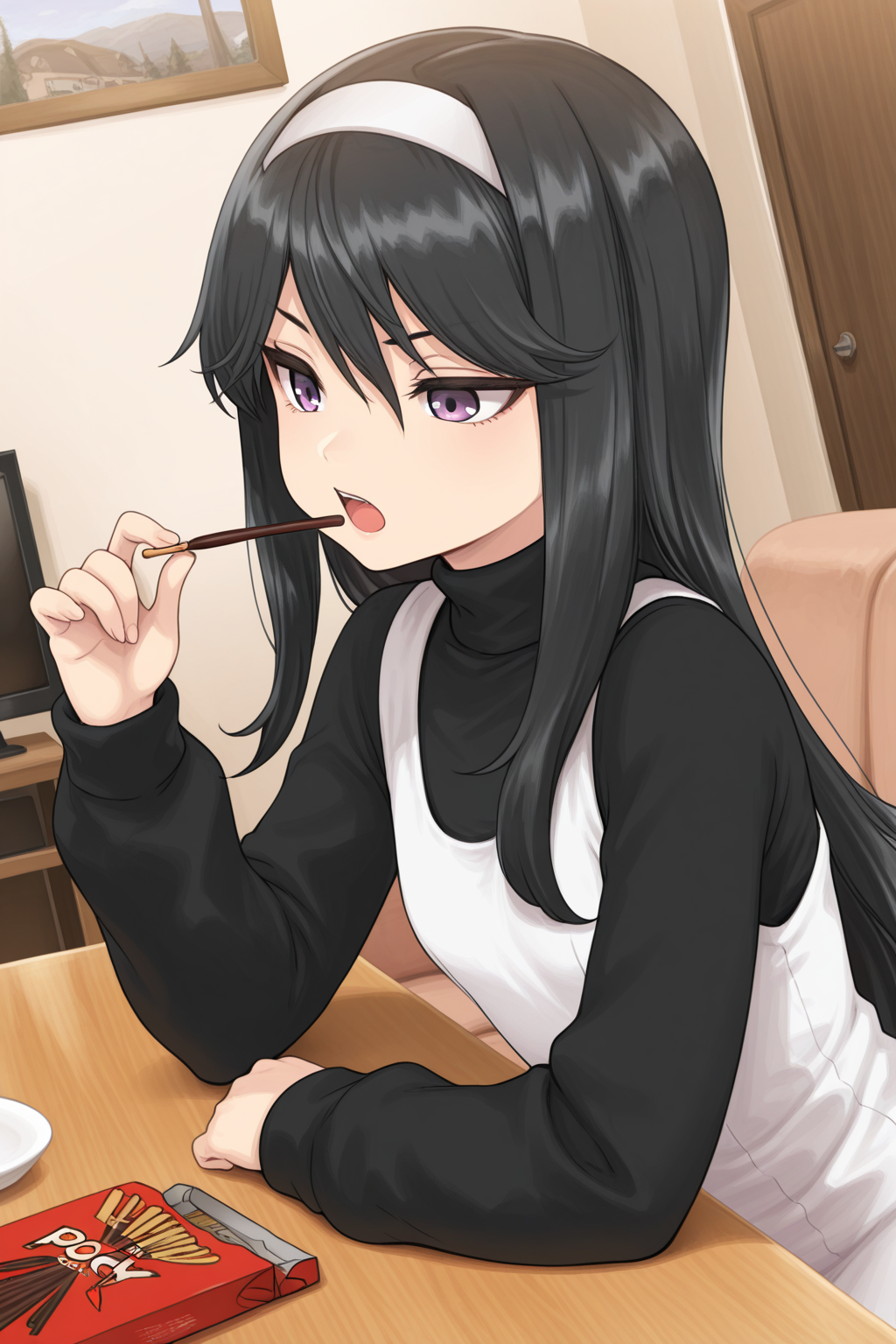 1girl, SakoErikaDevilSummoner, 
general, solo, dutch angle, upper body,
long hair, straight hair, purple eyes,
white hairband,
white dress, turtleneck, black sleeves, long sleeves,
looking at food, sitting, open mouth, holding pocky,
indoors, living room, table, pocky,
<lora:kp_SakoErikaDevilSummonerIllustrious_v1_0:1.0>,
masterpiece, best quality, amazing quality