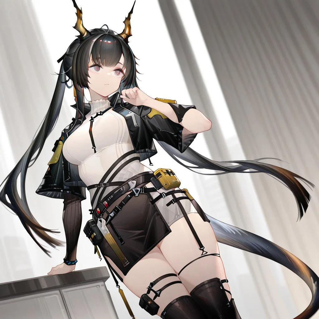 solo, 1girl, chen_qianyu_concept_\(arknights\), black skirt, black miniskirt,
masterpiece,