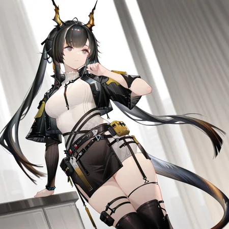 solo, 1girl, chen_qianyu_concept_\(arknights\), black skirt, black miniskirt, 
masterpiece,